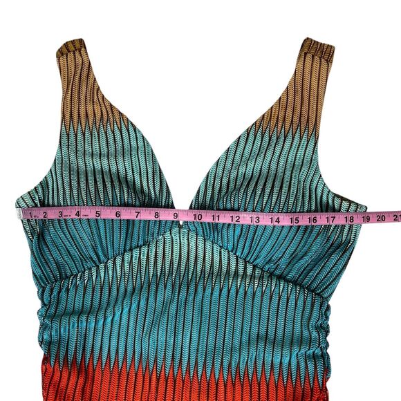 Guess Women’s Bodycon Midi Dress Size 14 Multicolor Pleated Ruched V-Neck - Picture 9 of 12